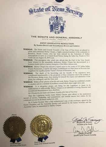 A copy of the "Joint Legislative Resolution" presented to Mickey Chopra